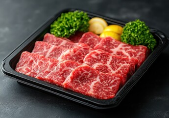Fresh Wagyu Beef Slices with Vibrant Garnishes of Lemon and Parsley Presented on a Stylish Black Tray for Culinary Delight and Gourmet Cooking Inspiration