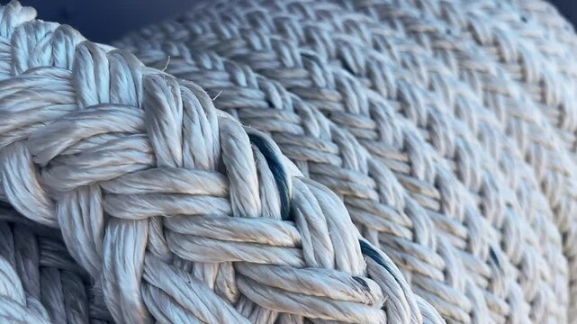 Detailed close-up view of a thick braided rope on military warship showing its intricate texture and patterns