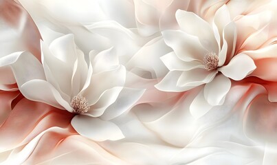 Obraz premium Elegant white magnolia blossoms on flowing peach fabric.