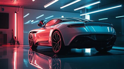 Fototapeta premium Sleek White Sports Car in Neon-Lit Garage: A Modern Automotive Aesthetic