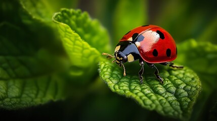 Fototapeta premium Close-up of Ladybug on Green Leaf: Nature Photography