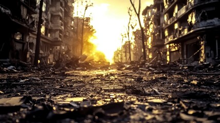 Post Apocalyptic Cityscape  Sunlit Ruins  Destruction  War Aftermath