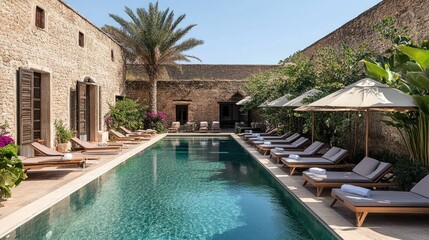 Fototapeta premium A swimming pool with sun loungers neatly arranged on its deck.