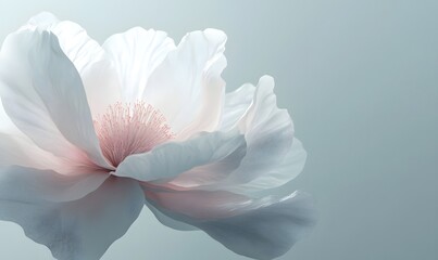 Close-up of a delicate white peony flower with soft pink center against a light blue background.