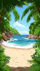 Fototapeta premium Secluded Tropical Cove A glimpse of pristine beach through lush foliage