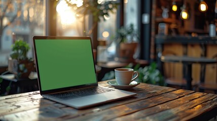 Laptop with green screen and coffee cup on wooden table in cafe