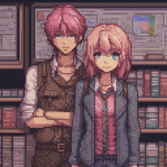Obraz premium Anime couple in pixel art, standing by a bookshelf.