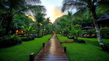 Obraz premium Tropical Paradise Lush Green Palm Trees Wooden Walkway Resort