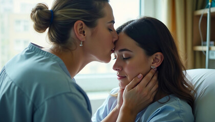 Naklejka premium Woman kissing another woman on the forehead, women's love, feminism