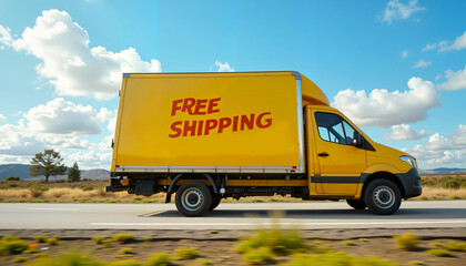 Yellow Delivery Van with Free Shipping Text