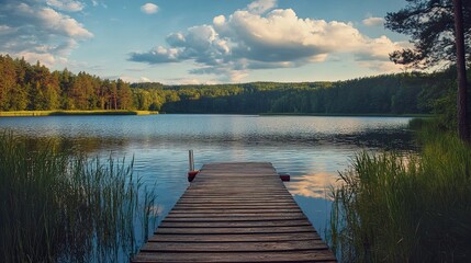 Serene Lake Landscape: Wooden Dock, Calm Water, and Lush Greenery
