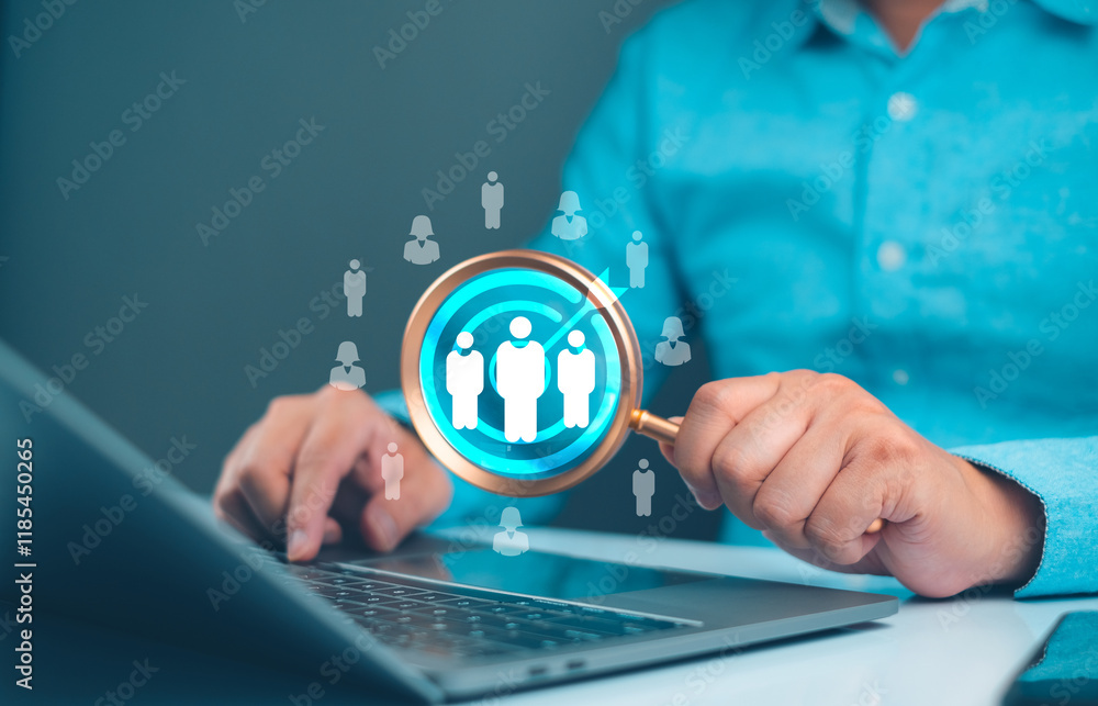 Poster a person using a laptop while examining digital icons of people through a magnifying glass, symboliz