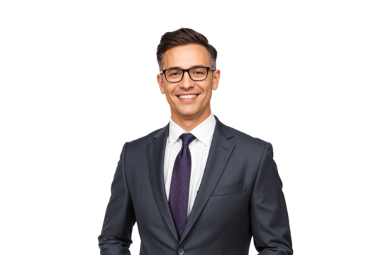 Confident businessman in suit with glasses, isolated on transparent background