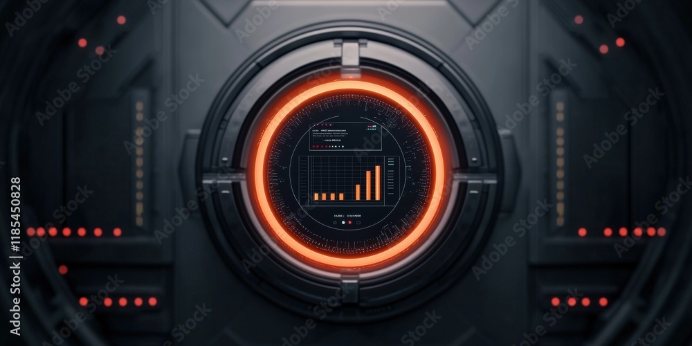 Poster a futuristic interface with a circular display, featuring glowing orange accents and data visualizat