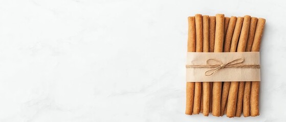 A bundle of crispy breadsticks tied with twine, resting on a light surface, ideal for snacking or pairing with dips.