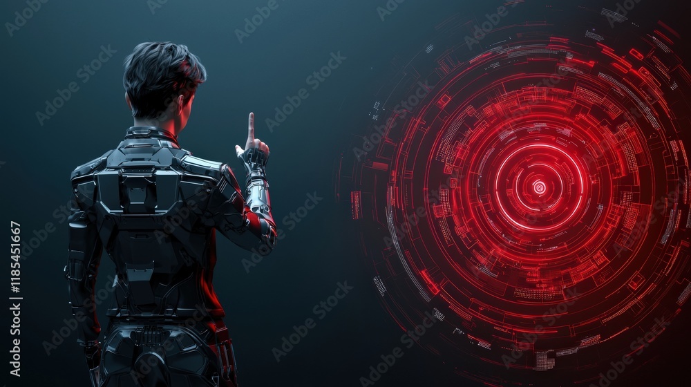 Poster a figure in a futuristic outfit gestures towards a bright red digital interface, suggesting interact