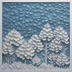 Fototapeta premium Pixel art of a snowy forest paper cut with trees in the foreground.