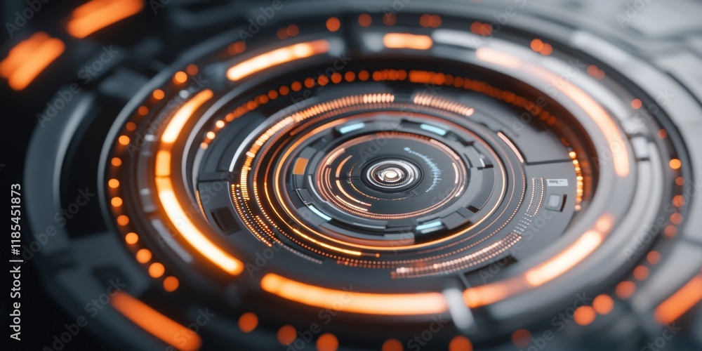 Poster a futuristic interface design featuring circular patterns and glowing orange elements, suggesting ad