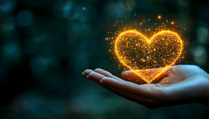 Glowing heart held, dark bokeh background, hope concept