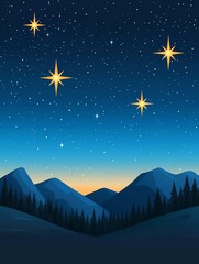 Naklejka premium A serene night sky filled with stars illuminates a mountain landscape, creating a tranquil and picturesque scene.