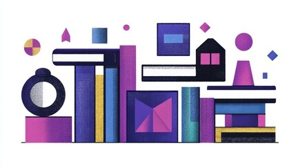 Fototapeta premium Abstract geometric cityscape with stacked books, houses, and floating shapes
