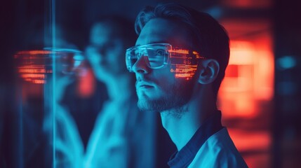 Futuristic Scientist Analyzing Data on Holographic Interface