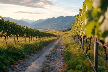 Naklejka premium A serene vineyard path meanders through lush grapevines, with mountains in the background, illuminated by the soft glow of sunset.