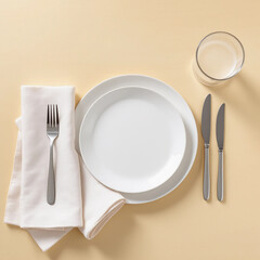 Stylish table setting featuring a plate and napkins on a beige wooden background, ideal for dining, events, and home decor inspiration.