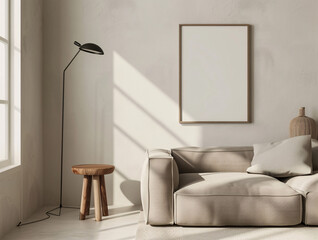 Blank frame mockup on white wall. Template for painting or poster. White living room interior design. View of modern interior with artwork mock-up