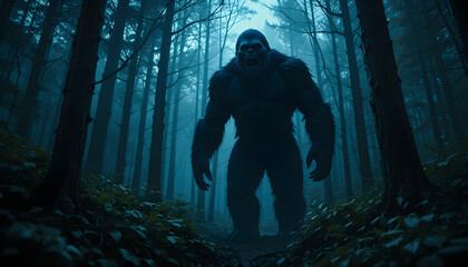 Big foot in a dark forest, cryptozoology character, mystery creature, mythological animal 