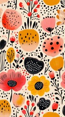 Abstract Watercolor Floral Pattern with Pink, Orange, and Black Flowers