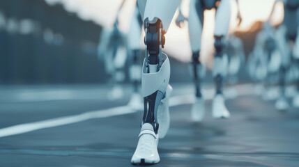 Fototapeta premium Futuristic cyborg sports league, athletes equipped with robotic limbs and high-performance prosthetics, competing at various technology levels, driving innovation in bioengineering and sports