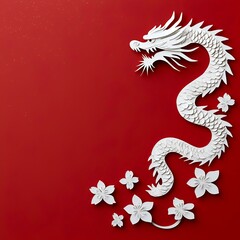 White Paper Dragon Lunar New Year Design Red Background