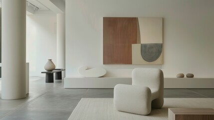 Fototapeta premium Sophisticated minimalist living space celebrates contemporary design through curated abstract artwork and premium furniture pieces creative retreat