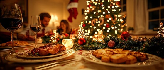 Festive Christmas Dinner Table Setting  Family  Food  and Lights