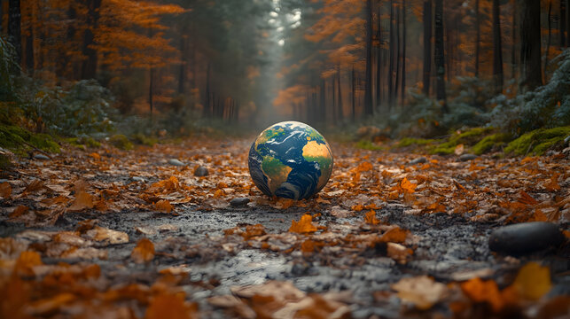Autumn forest path, globe, environmental awareness - Powered by Adobe
