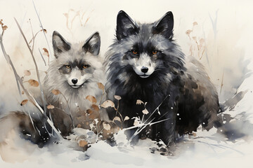 white and black foxes together, watercolor,.  Generative AI