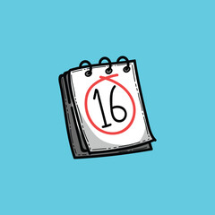Cartoon illustration featuring a calendar with the date 16 circled prominently, 
set against a simple blue background, symbolizing deadlines, appointments, 
and important dates.