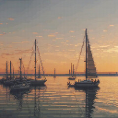 Fototapeta premium Pixel art sailboats on serene water
