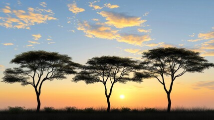 Fototapeta premium Serene African Sunset Silhouette Three Acacia Trees at Golden Hour
