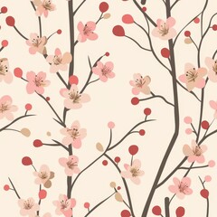 Delicate Floral Pattern with Pink Flowers and Light Beige Background for Elegant Textile and Paper Designs