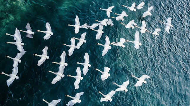 Flock of swans flying over water. Aerial view of many white swans taking flight in a pattern over dark teal water.