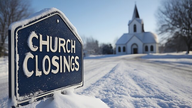 Sign that reads &ldquo;CHURCH CLOSINGS&rdquo; - WEATHER - SNOW - ICE - BAD WEATHER - POSTPONE - CANCEL SERVICES
