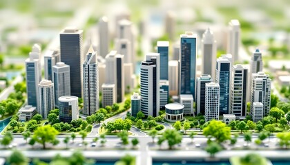 Maqueta en miniatura de una ciudad moderna con espacios verdes y edificios altos