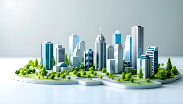 Maqueta en miniatura de una ciudad moderna con espacios verdes y edificios altos