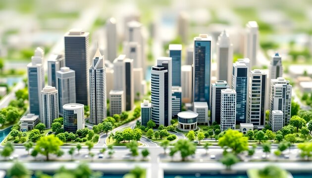 Maqueta en miniatura de una ciudad moderna con espacios verdes y edificios altos