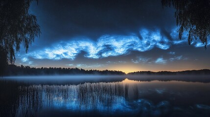 Serene lake sunrise with ethereal clouds reflecting on still water, framed by silhouettes of trees.