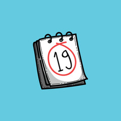 Cartoon illustration featuring a calendar with the date 19 circled prominently, 
set against a simple blue background, symbolizing deadlines, appointments, 
and important dates.