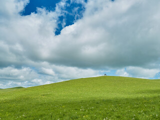 Serene grassy hill under a cloudy sky. A small structure sits atop the gentle slope, offering a peaceful view.