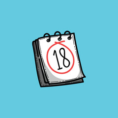 Cartoon illustration featuring a calendar with the date 18 circled prominently, 
set against a simple blue background, symbolizing deadlines, appointments, 
and important dates.
